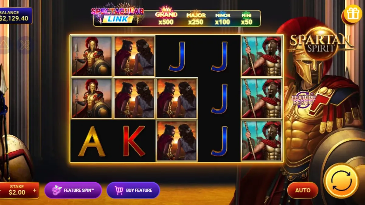 Guerreiro espartano em frente a um templo grego antigo, tema do slot Spartan Spirit.